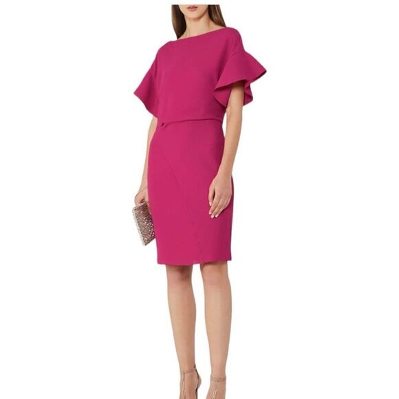 Reiss Manila Fuchsia Pink Knee Length Ruffle Sleeve Dress Size 8 - Picture 1 of 9